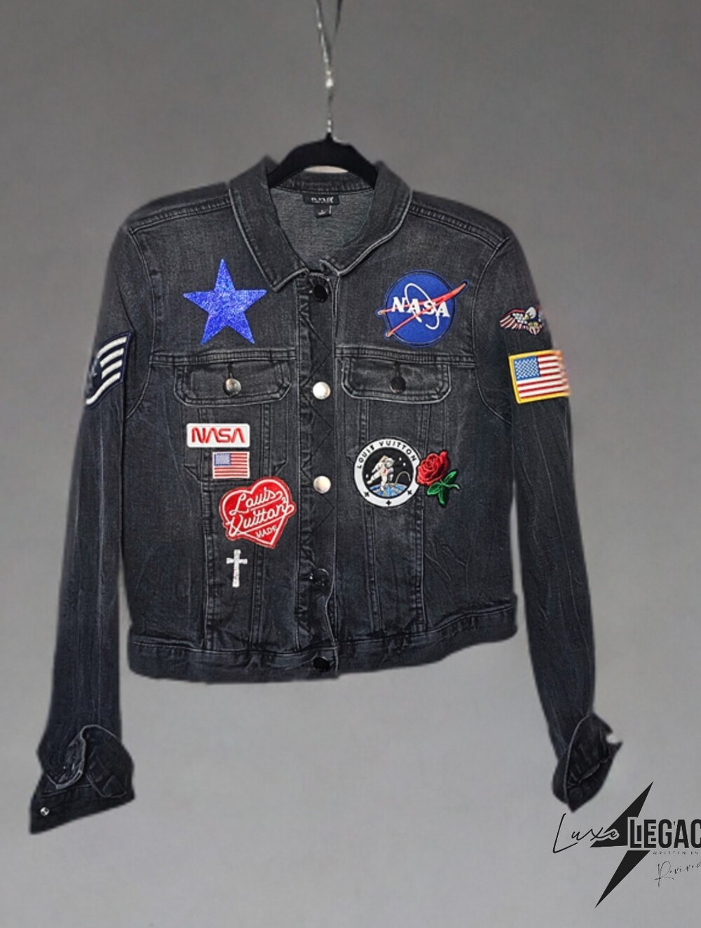 Black Embroidered Patch Denim Jacket NASA